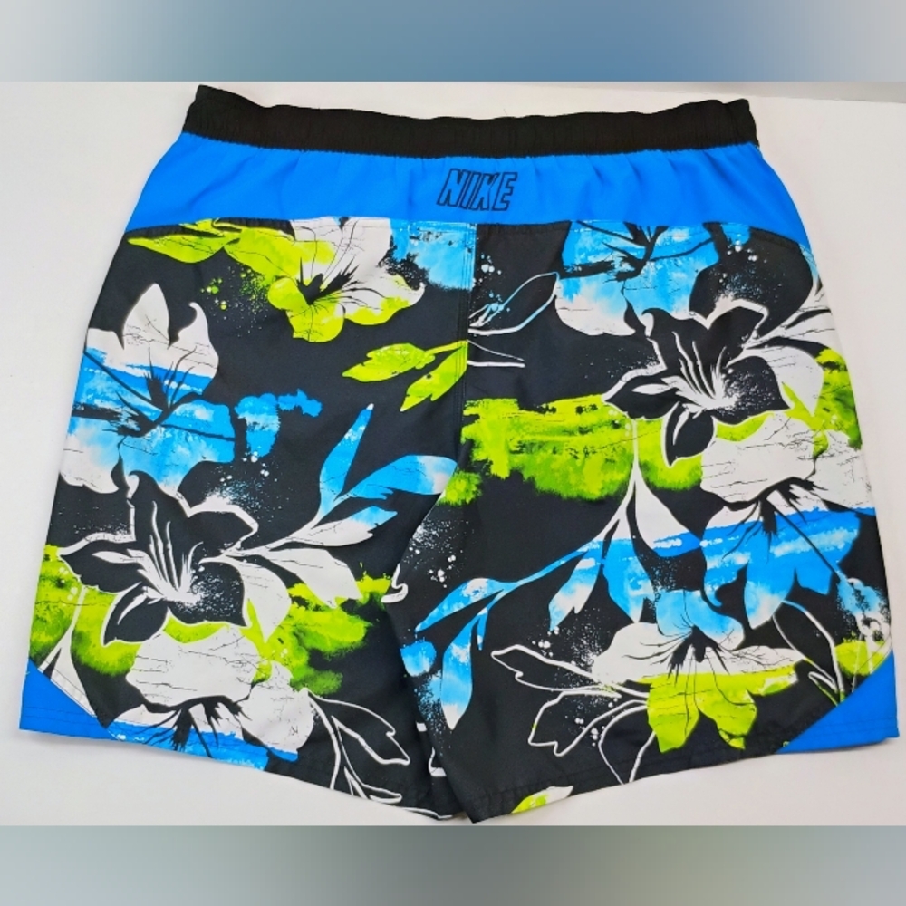 Vintage Y2K Nike Swim Shorts Men's Sz XL Tropical Blue Lined Trunks Pockets Ties